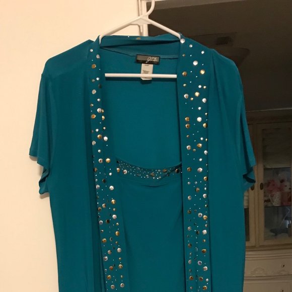 J.T.B. Woman size 18/20 short sleeved jacket with mock tank in aqua - Picture 3 of 12
